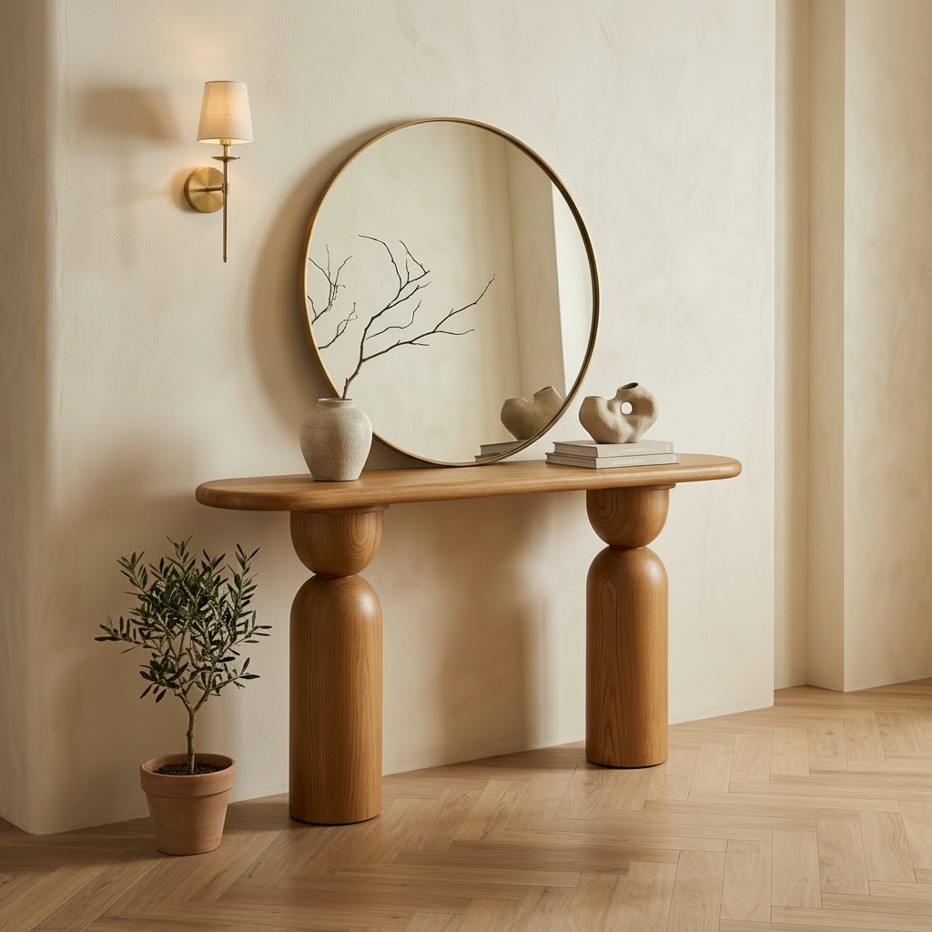 Warm entrance hallway with oak console table on hourglass pedestal legs, round mirror, and styled decor accessories