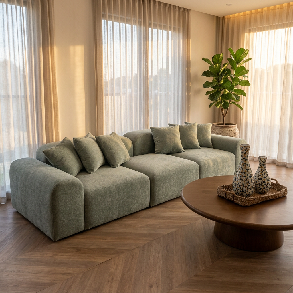 Modular sage green sectional sofa with plump cushions and round walnut coffee table in a warm premium living room