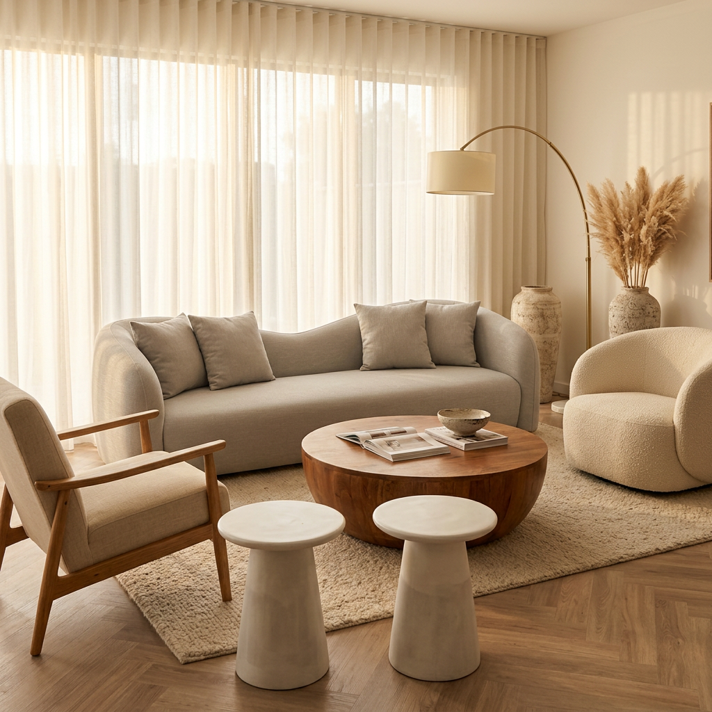 Light grey linen sofa with rounded arms styled with occasional chairs, arc floor lamp and warm decor in a premium living room