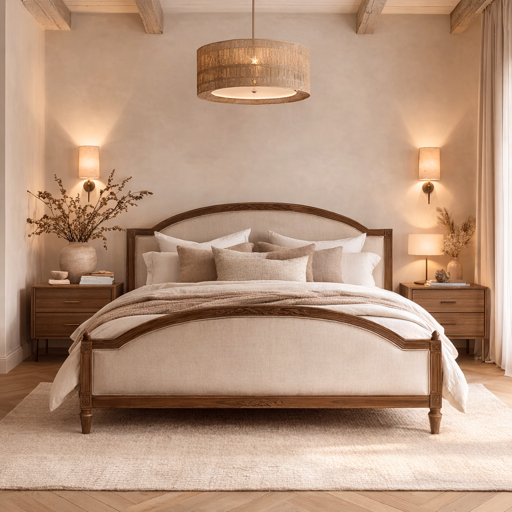 Warm upholstered bed with carved timber frame styled in a premium bedroom with soft ambient lighting and layered bedding