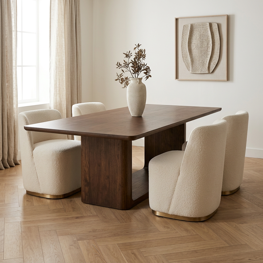 Dark walnut rectangular dining table with slab pedestal base and cream boucle barrel chairs in a premium dining space
