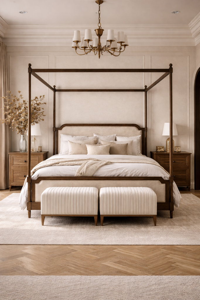 Dark timber four-poster canopy bed with upholstered headboard styled in a refined neutral bedroom with herringbone floors