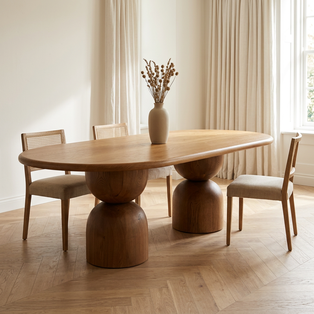 Oval oak dining table with two sculptural hourglass pedestal legs styled in a warm neutral dining room