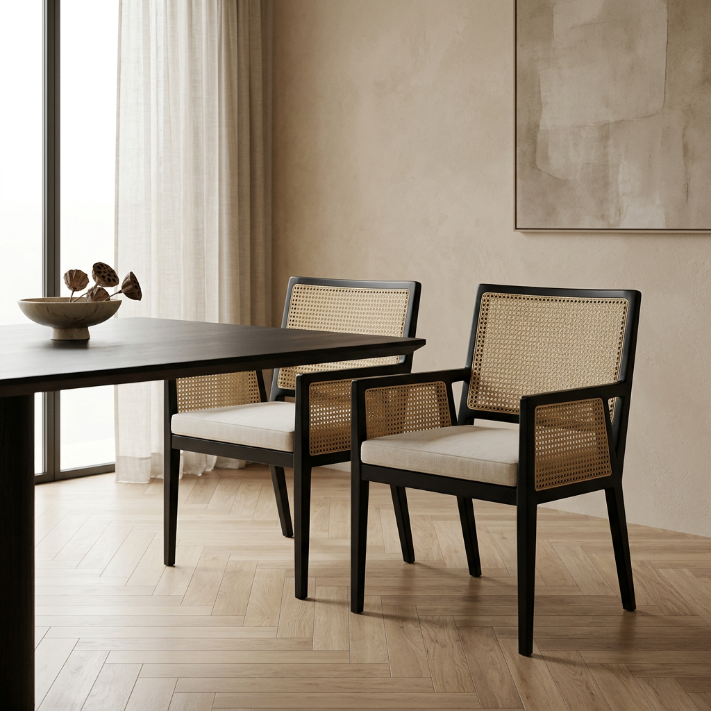 Black metal frame dining chairs with rattan cane panels and ivory cushions in a refined neutral dining room