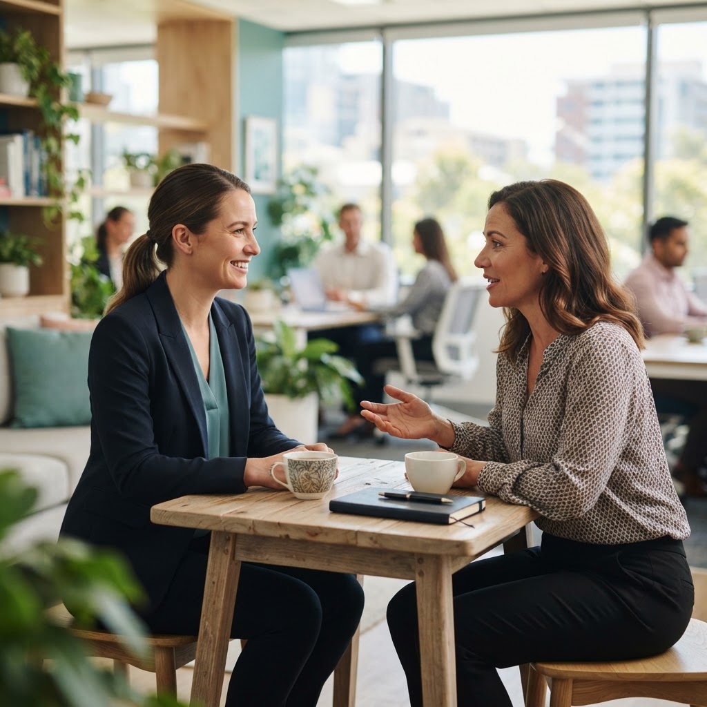 A consultant listening to an employee during a relaxed conversation