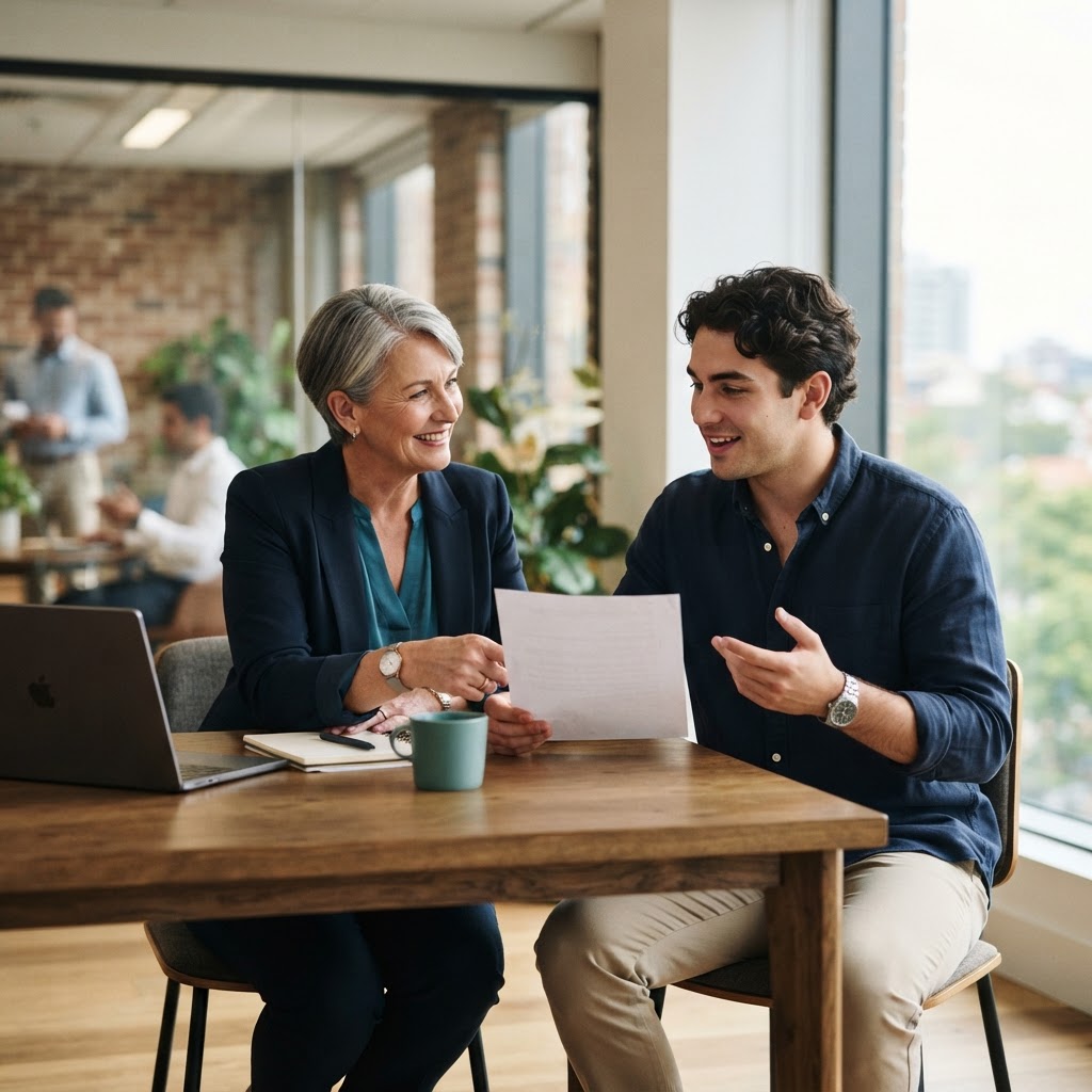 A financial specialist explaining a document to an employee