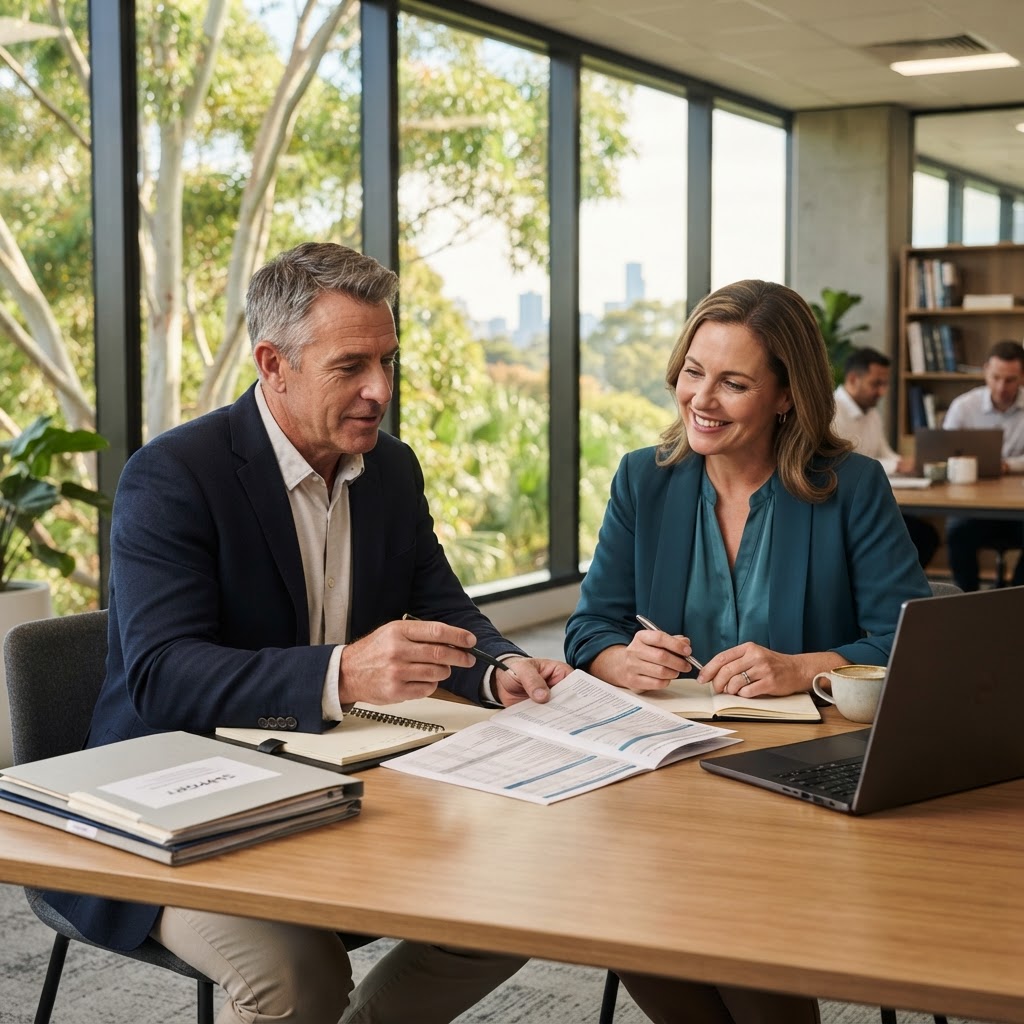A consultant and HR manager planning their ongoing salary packaging program
