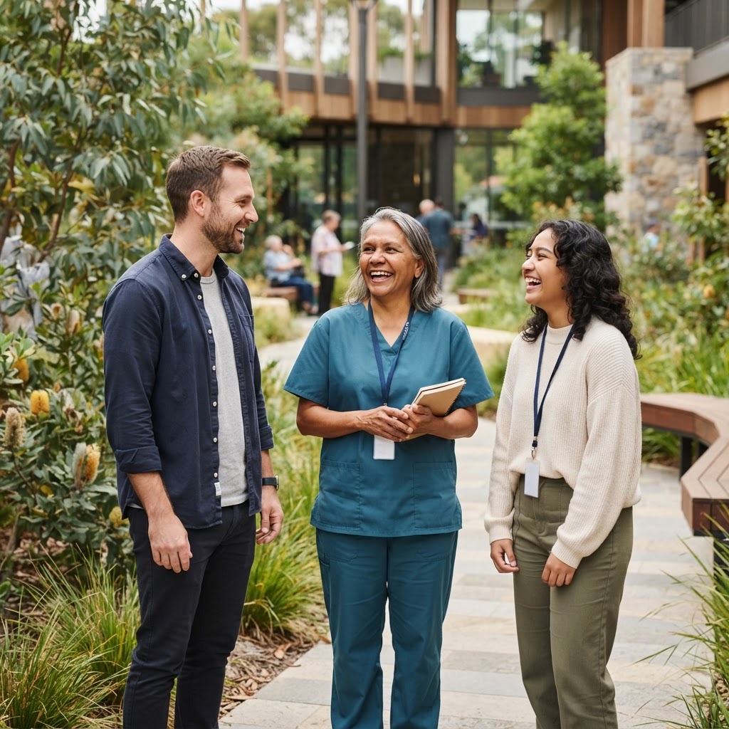 Care and community-service workers together in a courtyard