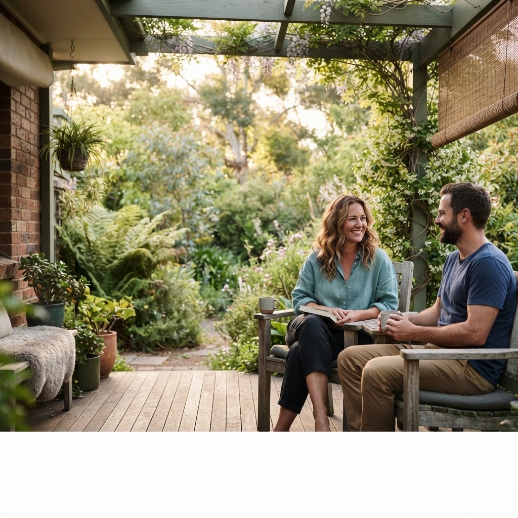 A couple sharing a relaxed moment on their veranda overlooking a leafy garden