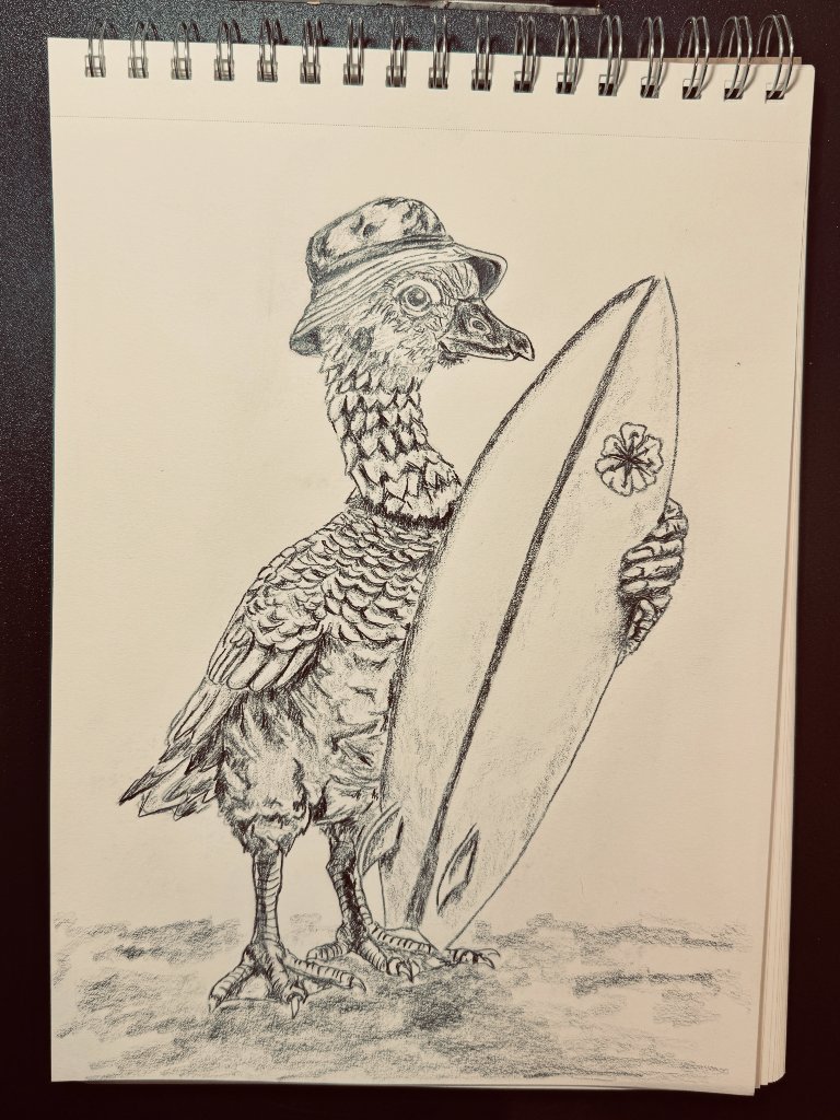Graphite pencil sketch of a duck wearing a bucket hat and holding a surfboard, drawn in a spiral-bound sketchbook