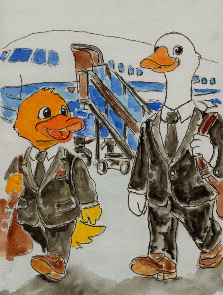 Original watercolor painting of Robert and Mike in suits arriving beside an airplane and boarding stairs.