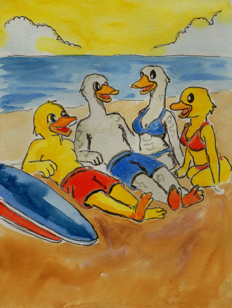 Original watercolor painting of four ducks relaxing on a sandy beach at sunset with a surfboard
