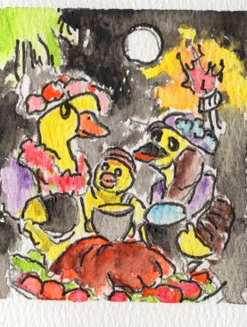 Original watercolor painting of three ducks gathered around a food platter beneath a moonlit sky with a tiki torch glowing nearby