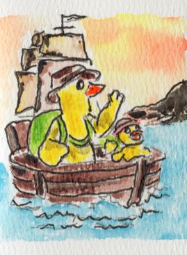 Original watercolor painting of Robert and Mike in a small wooden boat sailing across blue water toward a rocky coastline at sunset