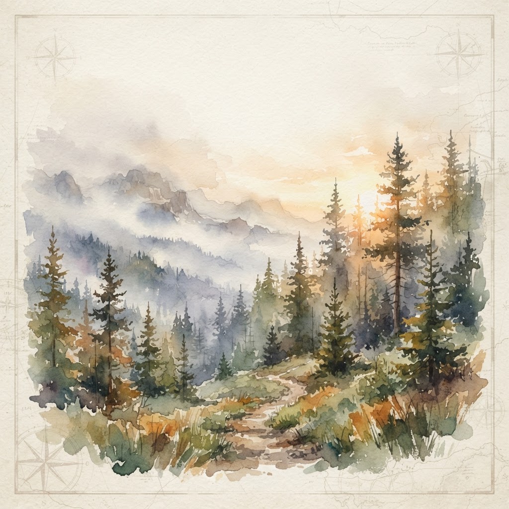 Watercolor mountain and forest at dawn — a winding trail disappearing into mist