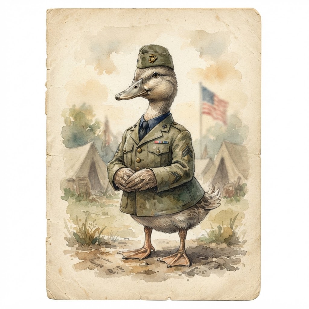 Watercolor portrait of Sergeant Siwash, the legendary Marine Corps duck mascot