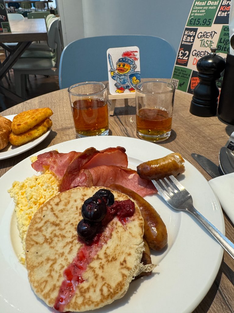 Knight duck card on a mini easel beside an English breakfast