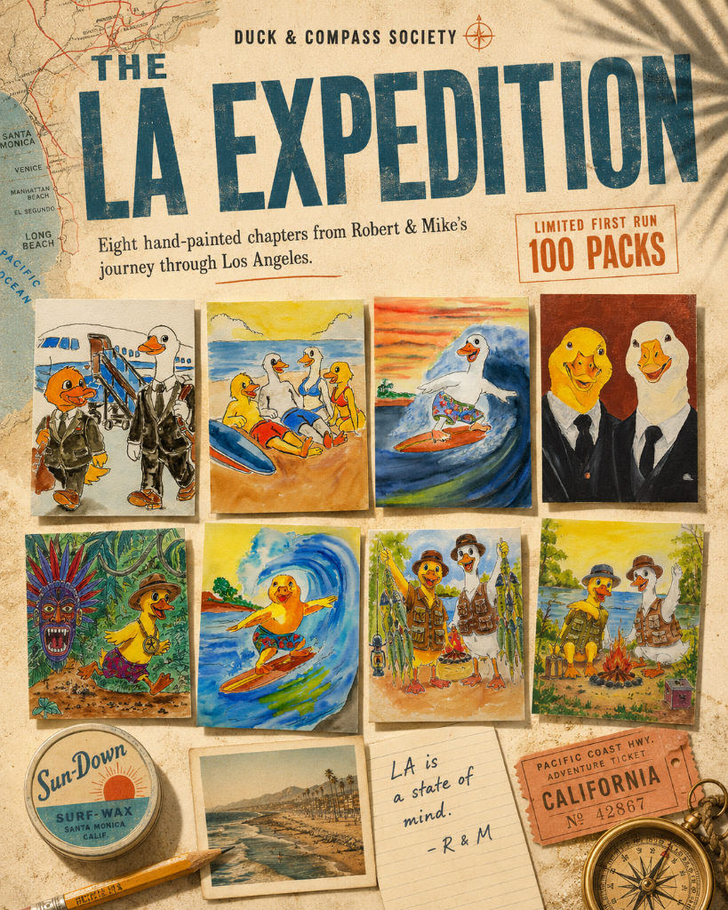 The Los Angeles Expedition product collection featuring eight original watercolor cards arranged on a Southern California travel background.