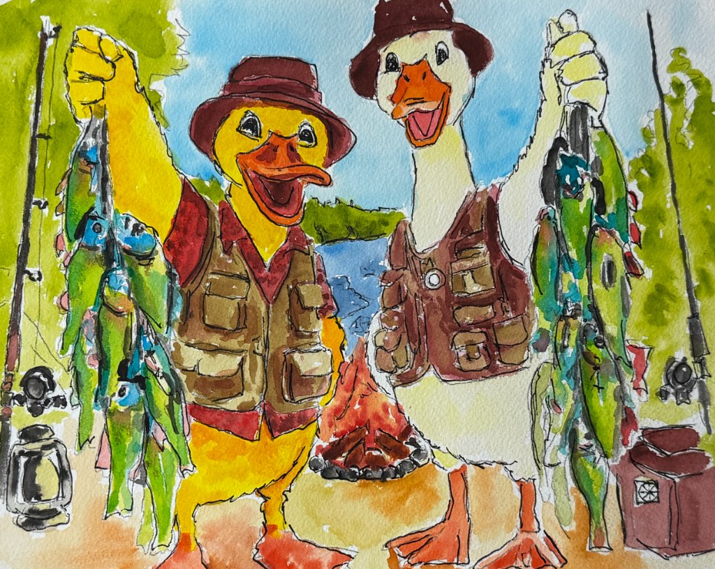 Camp and cast — two ducks in fishing vests with their evening catch, campfire between them