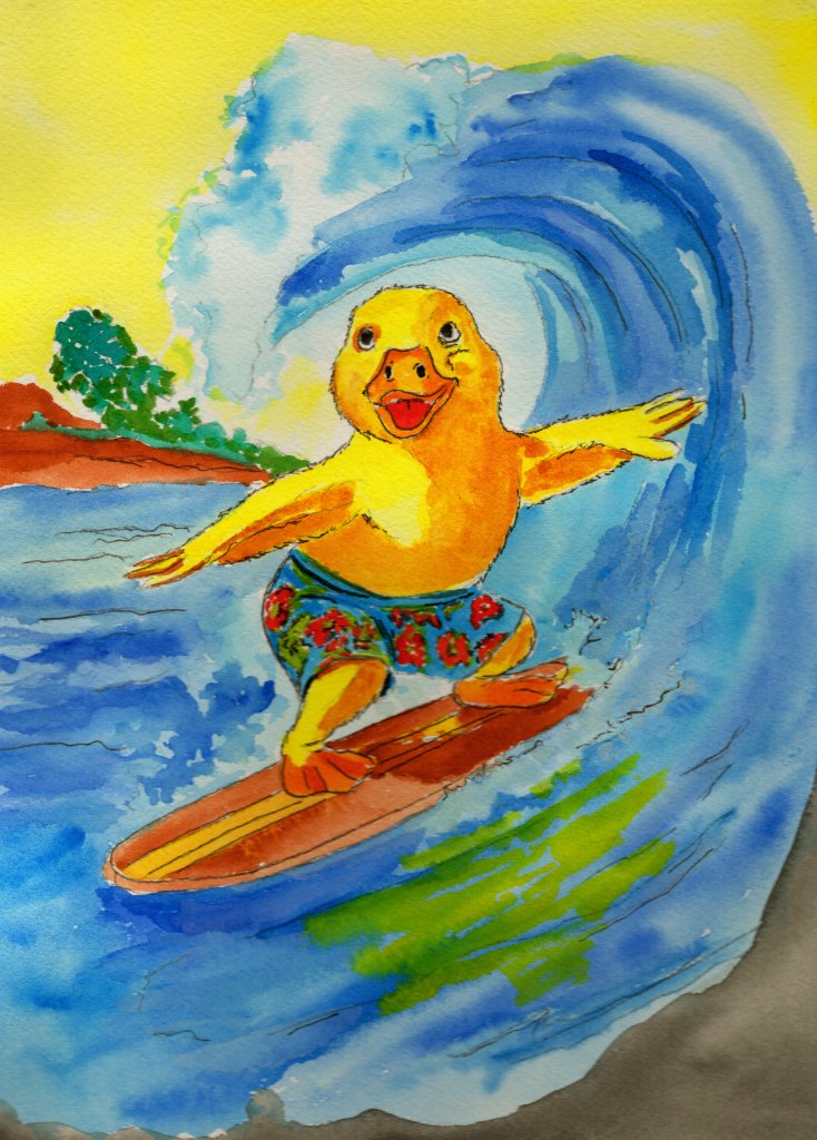 Original watercolor painting of Robert surfing inside a large blue wave while wearing floral board shorts.