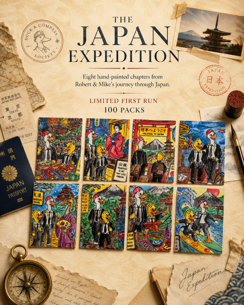 The Japan Expedition — complete flat lay with all eight cards, compass, and travel props