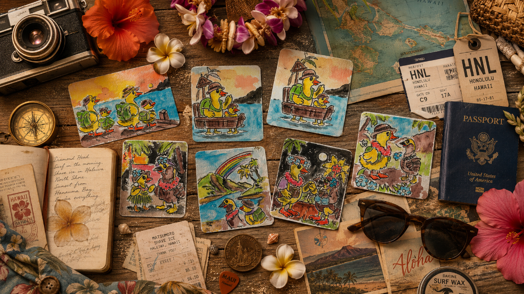Hawaii travel trunk keepsakes — surf wax, lei, boarding pass, island map, and watercolor cards