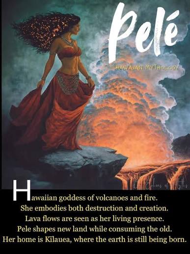 Illustration of the Hawaiian deity Pele standing on volcanic rock beside a towering plume of eruption smoke and glowing lava, with descriptive text about her role as goddess of volcanoes and fire.