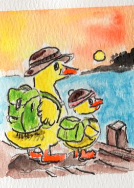 Original watercolor painting of two ducks standing on a wooden pier looking across the water toward a distant island at sunset.