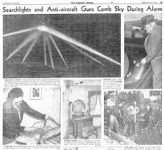 Los Angeles Times newspaper clipping from February 27, 1942 — Searchlights and Anti-aircraft Guns Comb Sky During Alarm
