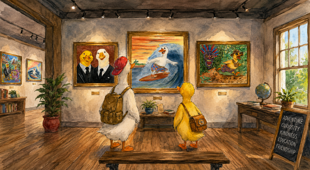 A watercolor-style illustration of two ducks standing in an art gallery, viewing framed paintings of surf, jungle adventure, and suited ducks, with a chalkboard reading Adventure, Curiosity, Kindness, Education, Friendship.