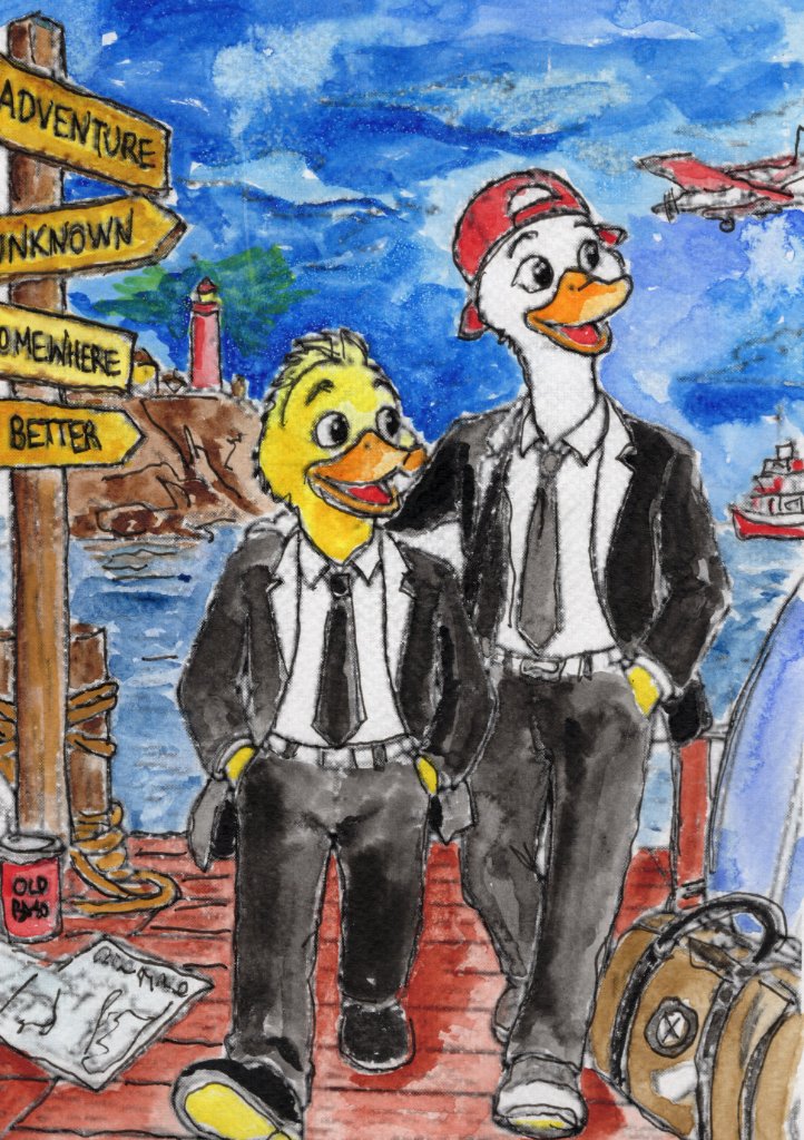 Arrival — Robert & Mike on the dock, signpost pointing to Adventure, Unknown, Somewhere, Better