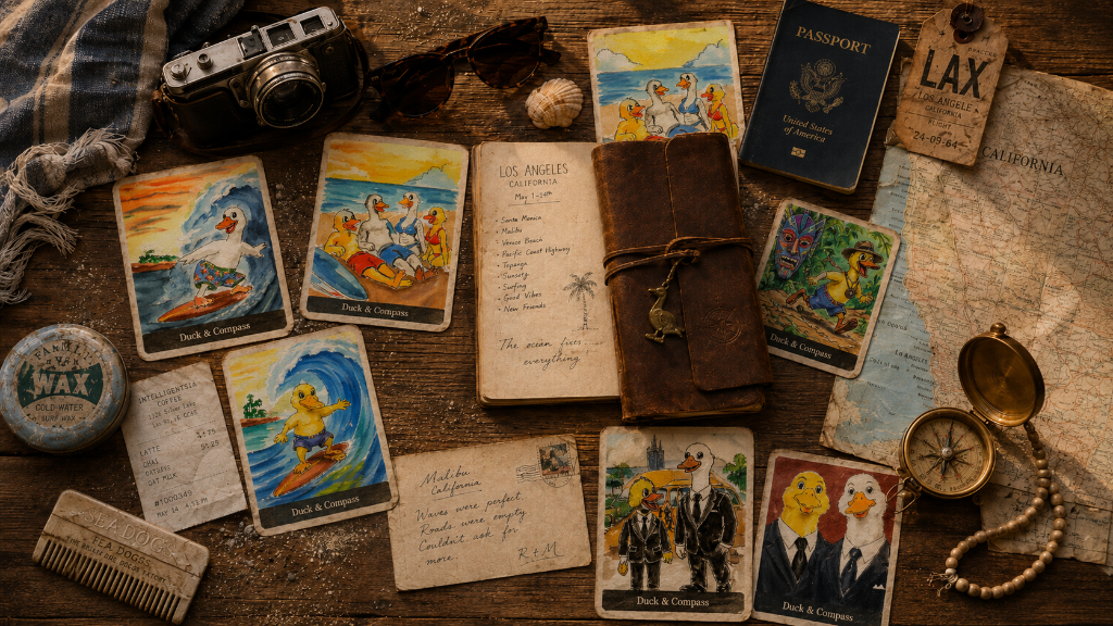 Expedition keepsakes from Robert and Mike's Los Angeles adventure, laid out on a wooden table