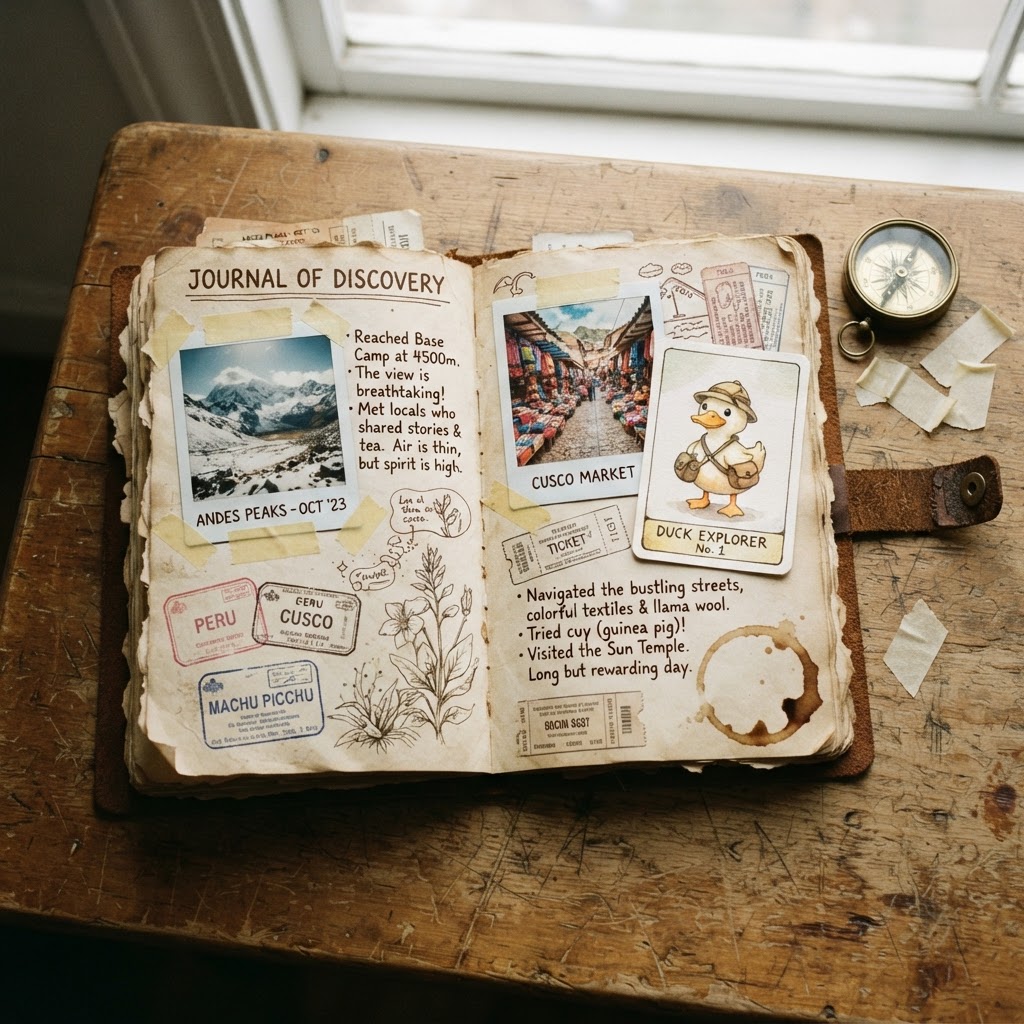 Open explorer's field notebook with taped photos, duck card, passport stamps and compass