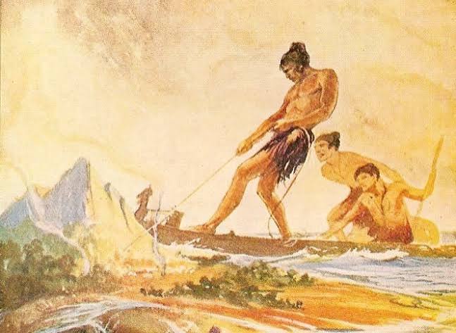 Painterly illustration of the demigod Māui standing in an outrigger canoe, pulling on a great fishhook line while his brothers paddle, with a jagged island rising from the sea.
