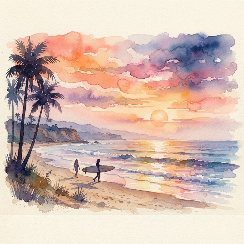 Watercolor sunset over the Pacific — Los Angeles, 1962