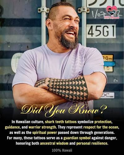A cultural figure with traditional shark-tooth pattern tattoos, symbolizing protection, guidance, and warrior strength in Hawaiian culture.