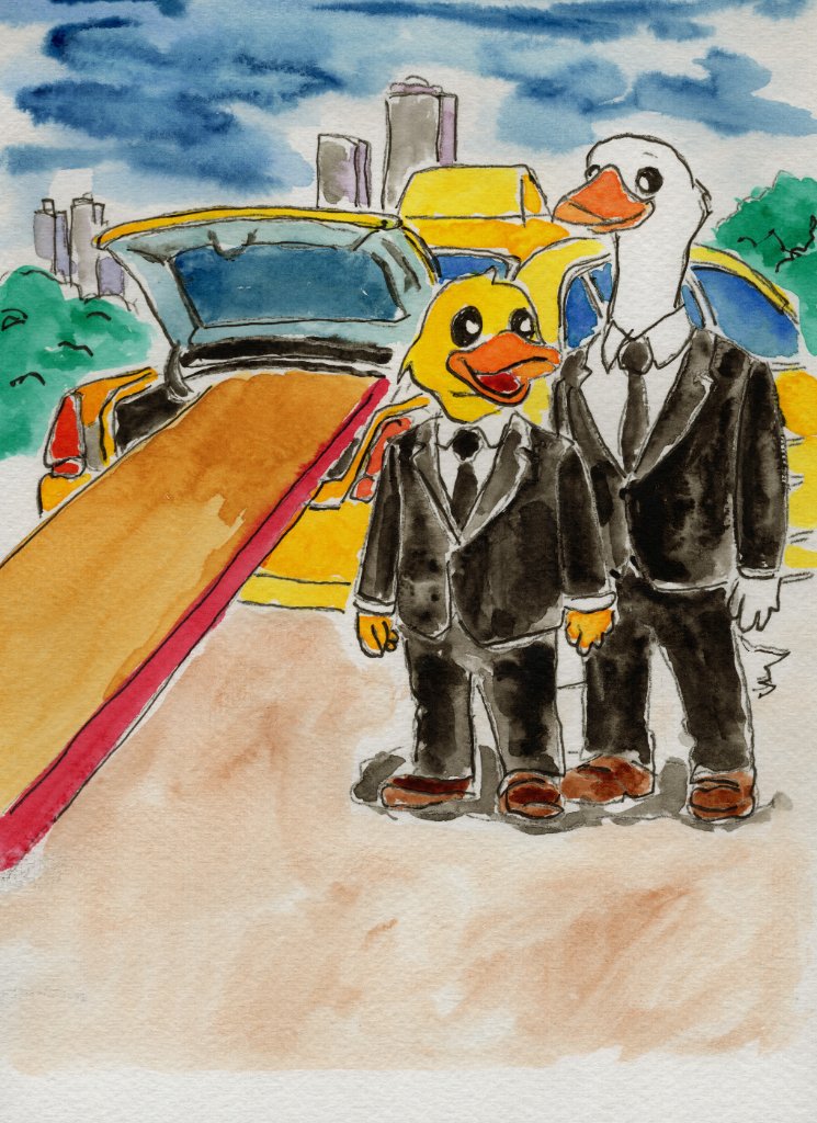 Original watercolor painting of Robert and Mike beside a yellow taxi with a surfboard extending from the open trunk and the Los Angeles skyline behind them.
