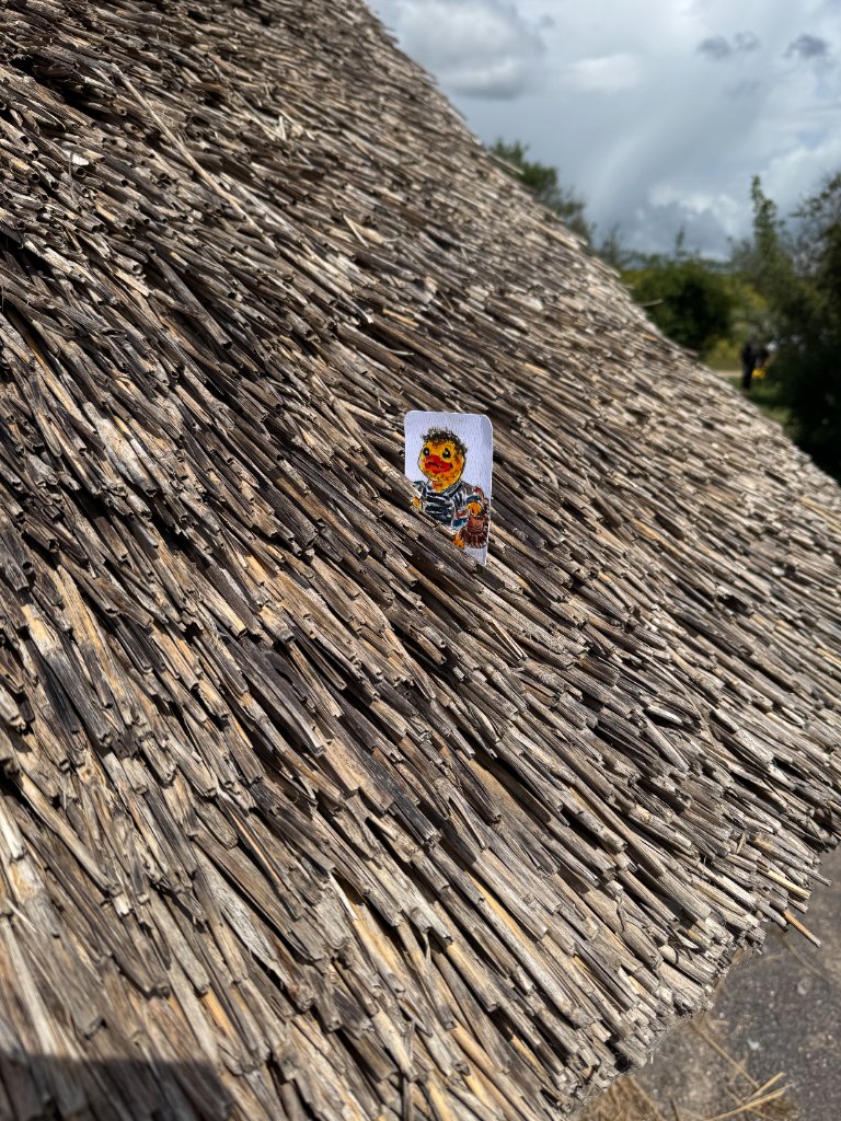 Duck card tucked into a thatched roof