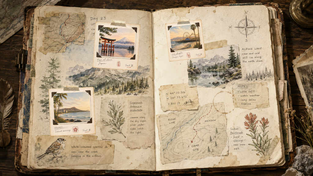 Open expedition field guide with watercolor mountain and lake sketches, handwritten notes, map fragments, compass markings, and taped scraps