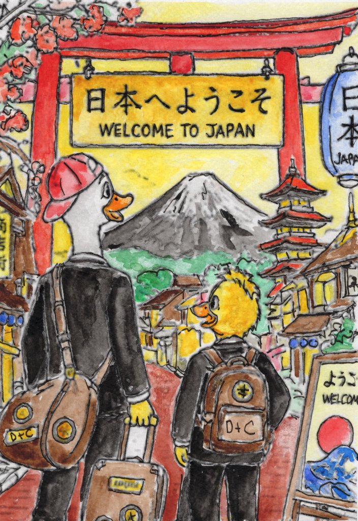 Original watercolor painting of Robert and Mike standing before a large red torii gate with Mount Fuji and cherry blossoms