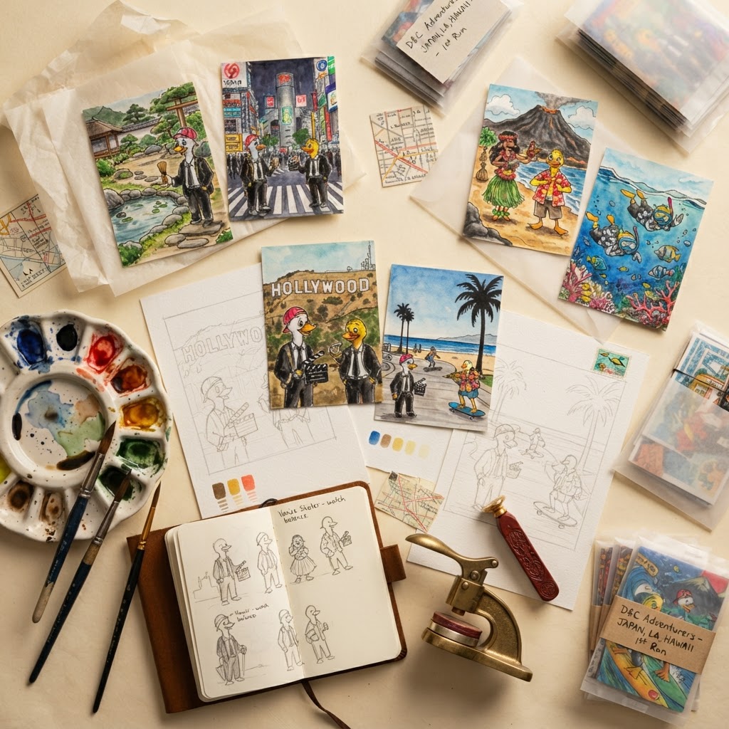 An artist\u2019s worktable with original hand-painted watercolor cards, watercolor brushes, a ceramic palette with pigments, textured paper, embossing tools, red sealing wax, glassine envelopes, and finished collectible card packs under soft natural studio light.