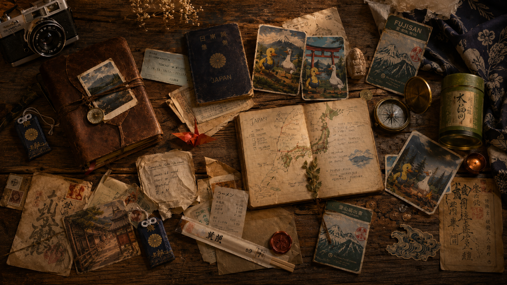 Expedition keepsakes — trail-worn journal, pressed wildflowers, compass, and field specimens from the Japan expedition