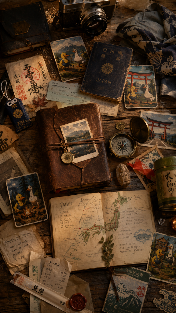 Japan expedition gear flat-lay — compass, binoculars, field journal, trail maps, and keepsakes