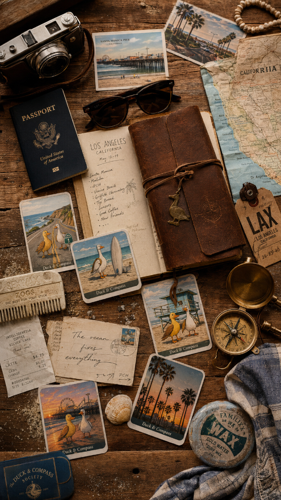 Flat-lay of expedition gear on a rustic wooden table — vintage camera, passport, leather journal, postcards, surf wax, and compass