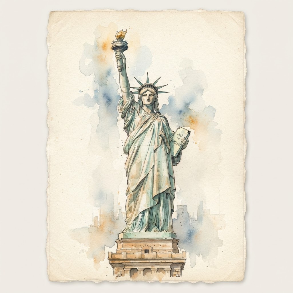 Hand-painted watercolor of the Statue of Liberty from Robert and Mike's expedition journal