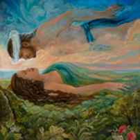 Oil-painting-style illustration of two ethereal figures — Papa associated with the earth and Wākea with the sky — above a lush primordial island landscape at twilight.