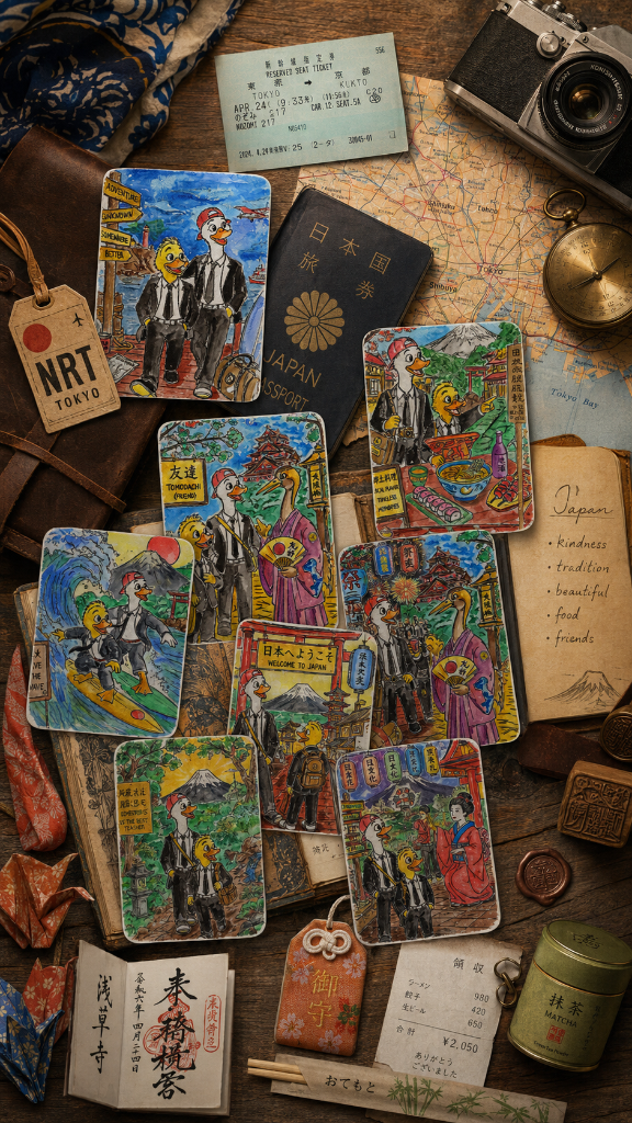 Japan travel trunk flat-lay — watercolor cards, passport, train tickets, matcha tin, and keepsakes