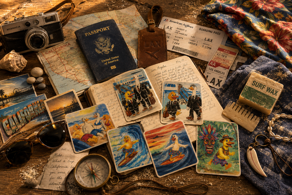 Souvenirs and keepsakes from Robert and Mike's Los Angeles journey, laid out on a wooden table