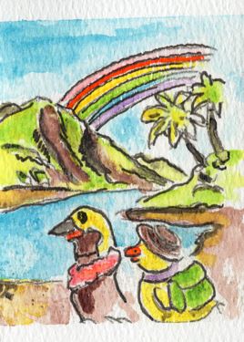 The Hidden Pond — Robert and Mike discovering a still mountain pond, a rainbow arching overhead