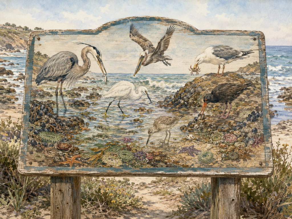 Vintage interpretive trail sign depicting tide pool wildlife — heron, pelican, egret, seagull, oystercatcher among sea anemones and starfish